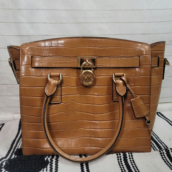 Michael Kors Hamilton Embossed-Leather Satchel in Acorn - Picture 1 of 16